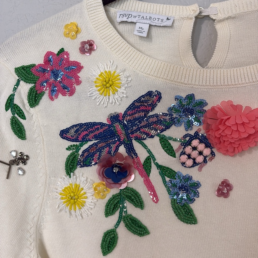 RSVP By Talbots Cream Dragonfly Pullover Short Sleeve Sweater MP - Picture 3 of 6